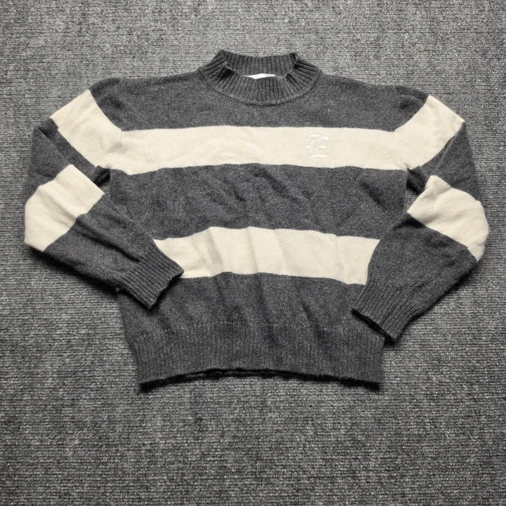 Ermanno Scervino Junior Italian Gray Cream Striped Knit Sweater Logo Size 10 12
